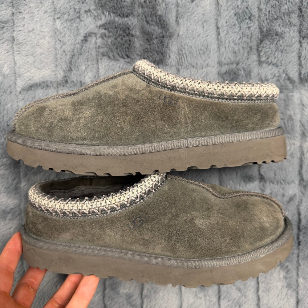 UGG Tasman Slippers Women 8 Grey Suede Sheepskin Lined Braid Trim 5955